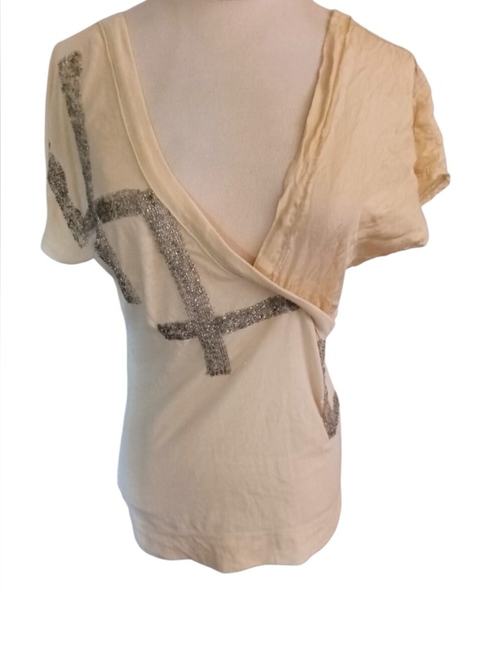 Threads 4 Thought Organic Cotton Deep V Top Cream Silver Beaded X Size XS EUC